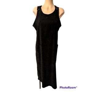 EUC Vintage Black Super Soft Overall Midi Dress with Back Slit Size 10 Petite
